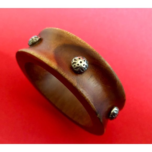 Metal Studded Vintage Wood BOHO Bangle Bracelet - Picture 2 of 4